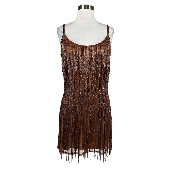 Mac Duggal Women's Cocktail Dress Size 10 Copper Brown Beaded Fringe Mini Sheath - Picture 1 of 14